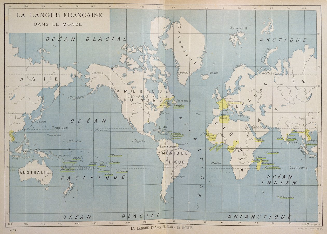 Fransızca konuşan ülkelerin dünya haritası, 20. yüzyılın başlarında by French School