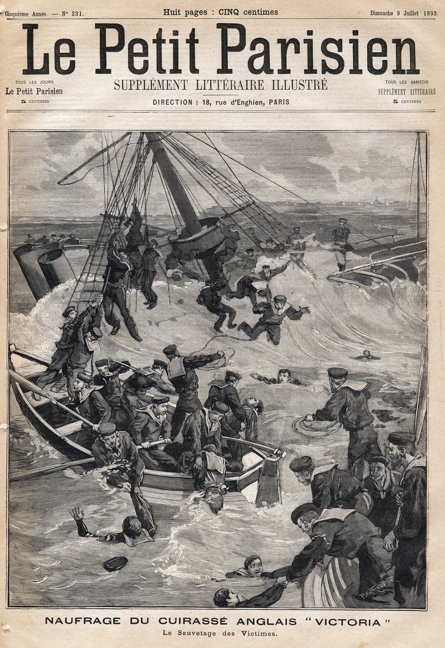 İngiliz zırhlısı "Victoria"”nın Suriye sahilinde çarpışma sonucu enkazı ve kurbanları kurtarma. 9/07/1893 tarihli “Le petit Parisien”” gazetelerinden biri (gravür) by French School