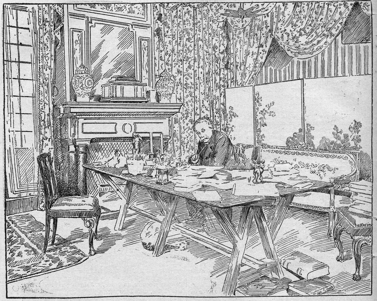 Yazar Alexandra Dumas Jr. (1824-1895) çalışma dolabında. 12 Aralık 1895 tarihli “La gazette du dimanche” de gravür. by French School