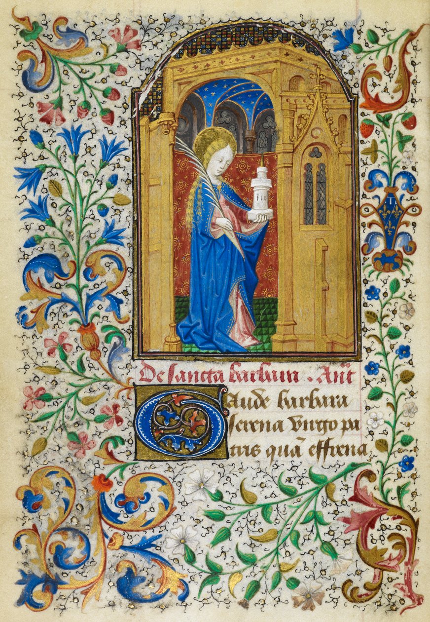 Yates Thompson 3, fol.289v St. Barbara Minature of St. Barbara altın bir kemerin altında, bir avuç içi ve kulesini taşıyor, tam bir yaprak kenarlı, oy hakkının başlangıcında, 