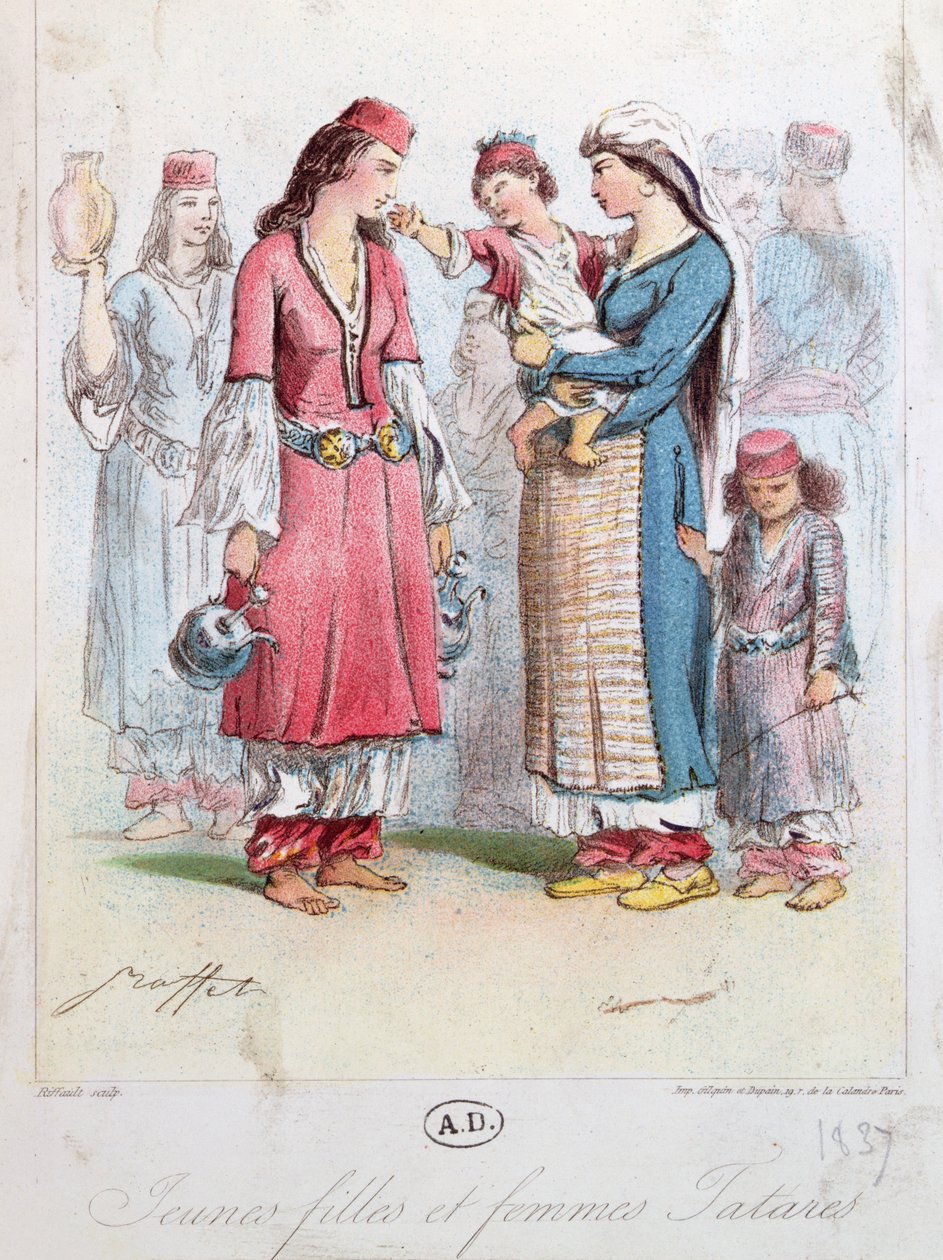 Genç Tatar Kızları ve Kadınları, 1837 (renkli gravür) by French School