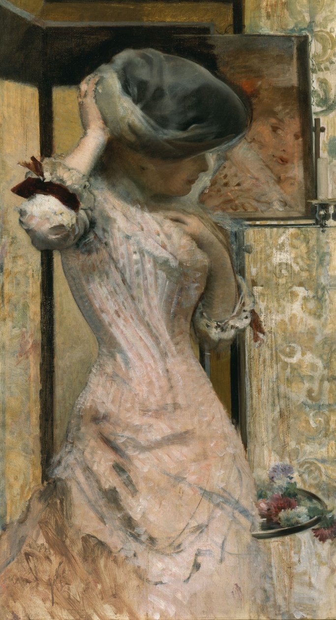 Ayna önünde genç kadın, c.1879-83 (tuval üzerine yağlıboya) by French School