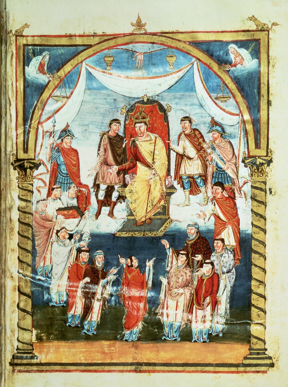 ds Lat 1 fol.423r Kral II. Charles Kont Vivian ve Saint-Martin de Tours Rahiplerinden İncil Almak, Kel Charles