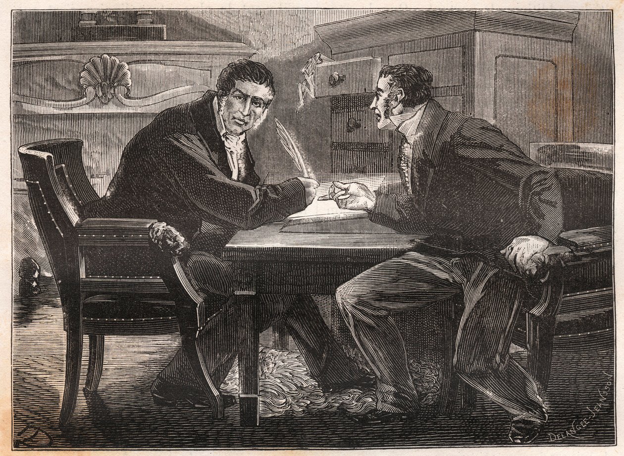 Temmuz monarşisi - üç günlük bakanlık - Andre Dupin (1783-1865) ve Jean-Charles (Jean-Charles) Persil (1785-1870) arasındaki röportaj - 1834 - gravür by French School