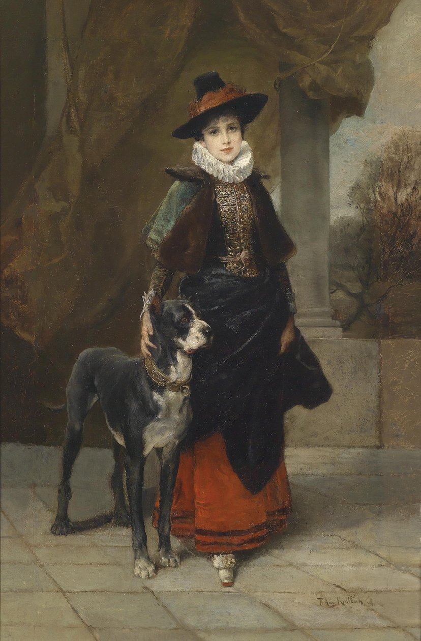 Mastiff ile tarihselleştirici kostümlü bir bayanın portresi by Friedrich August von Kaulbach