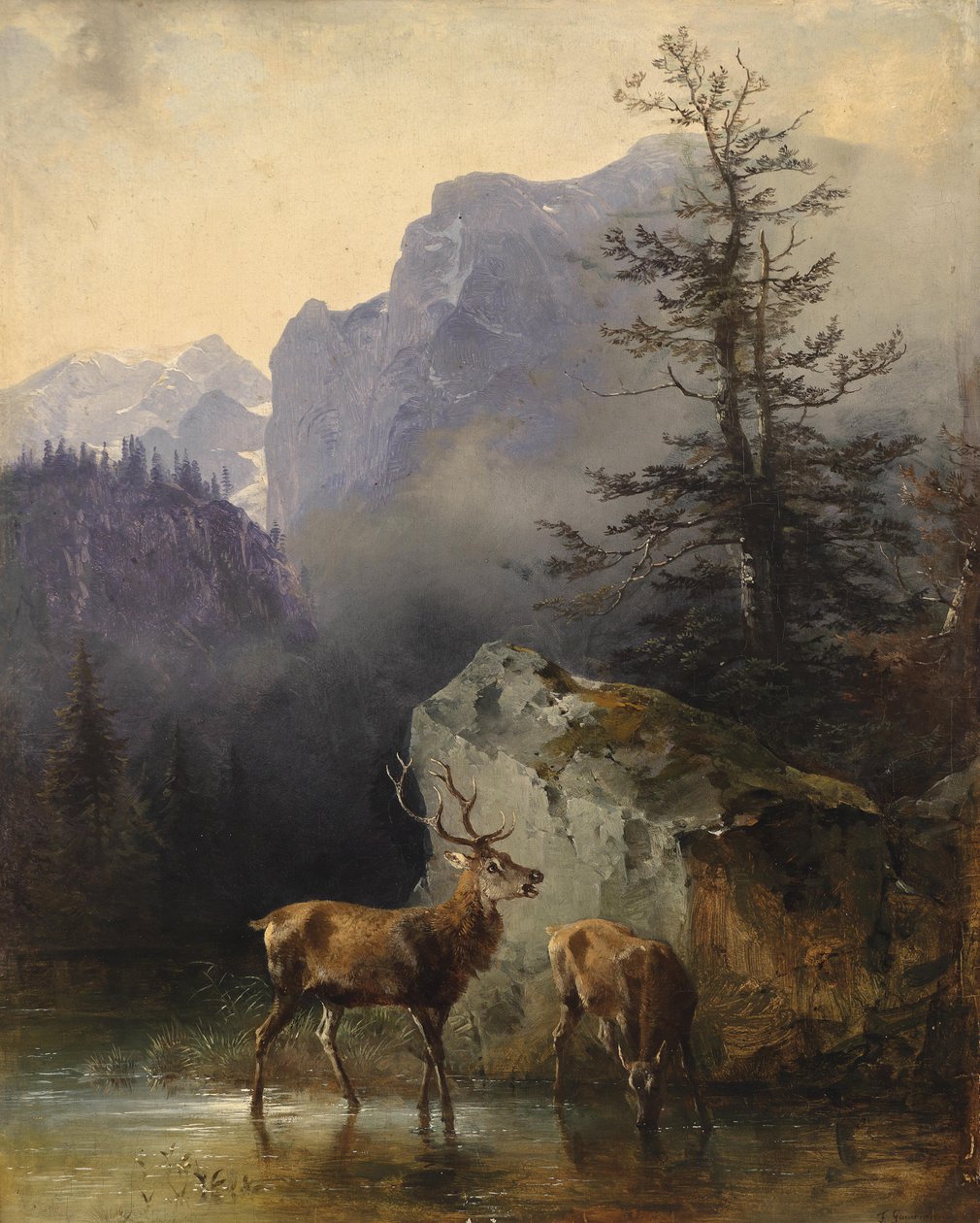 Sulama yerinde geyik ve canavar by Friedrich Gauermann