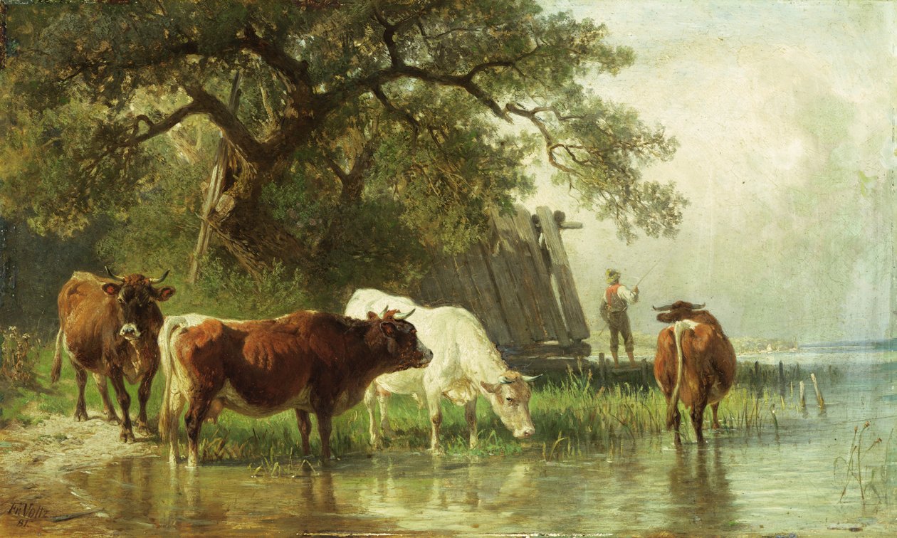 Bir Nehir Manzarasında Sığır Sulama, 19. yüzyıl by Friedrich Johann Voltz