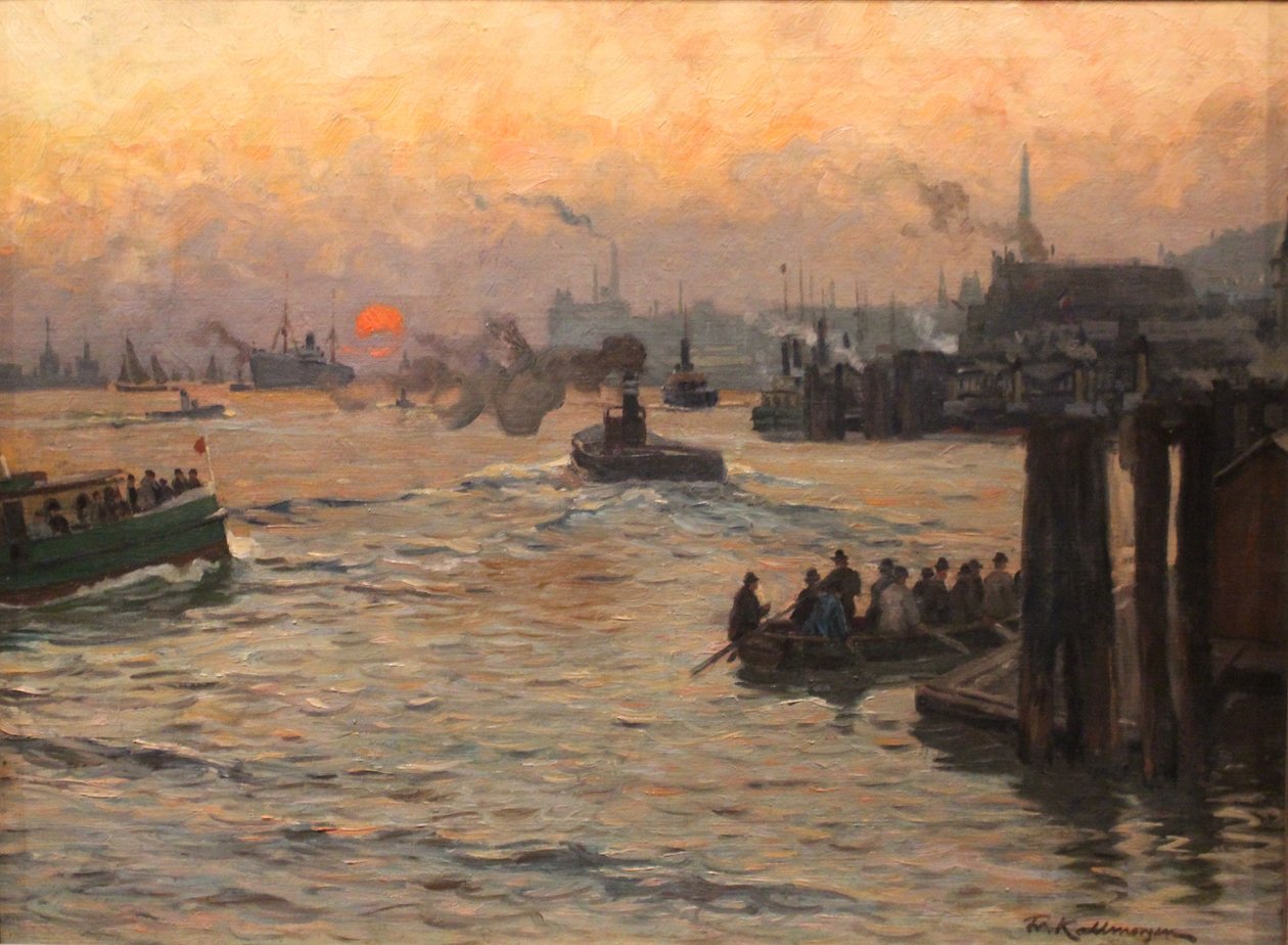 Akşamları Hamburg limanına dönen tersane ve liman işçileri by Friedrich Kallmorgen