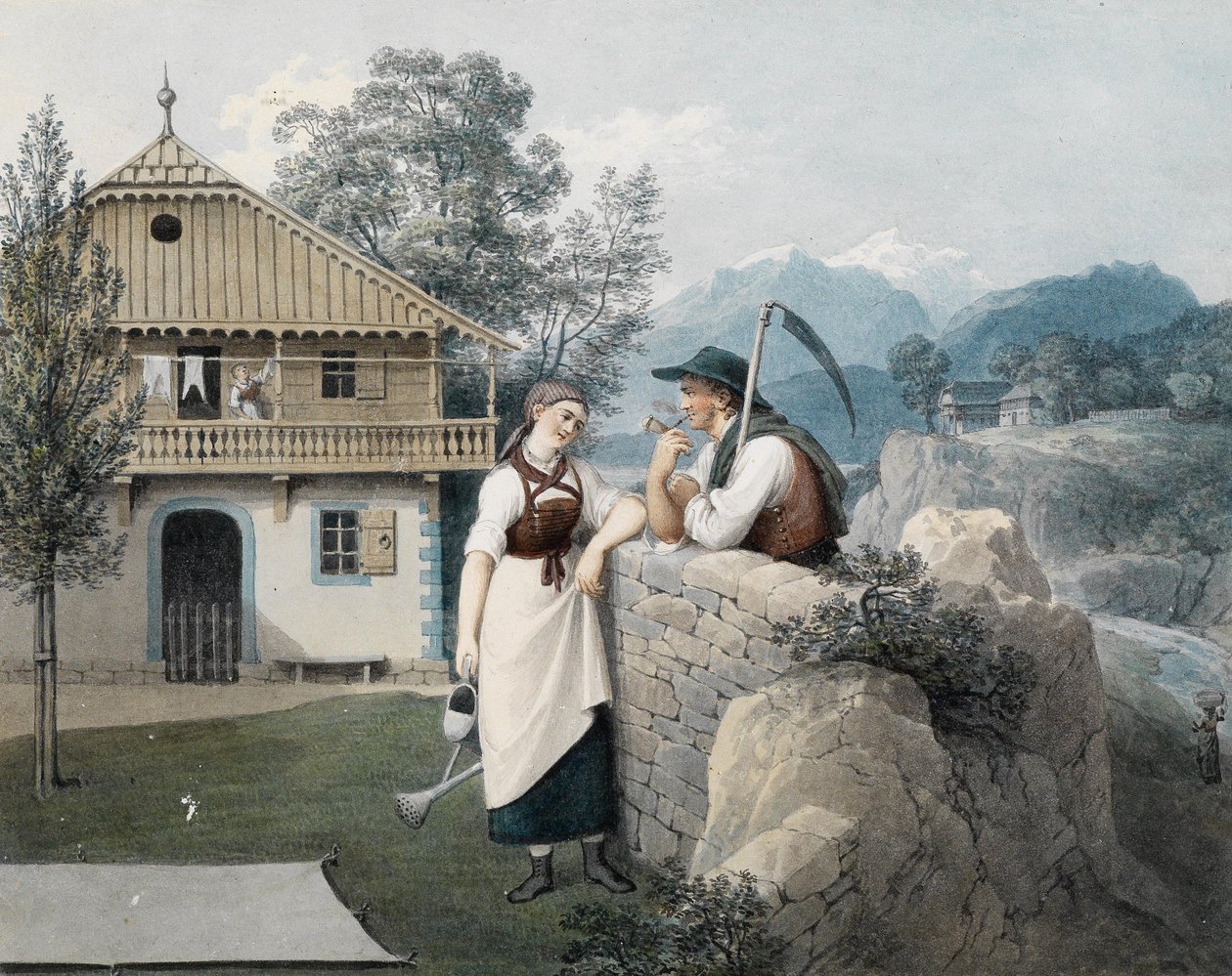 Üçgen bir evin önünde sulama kabı ve tırpanlı çiftçi olan bir kız. by Friedrich Philipp Reinhold