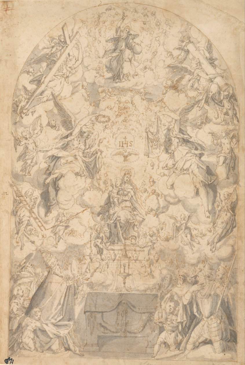 Madonna ve Tutkunun Sembollerini Taşıyan Meleklerle Çocuk by Friedrich Sustris