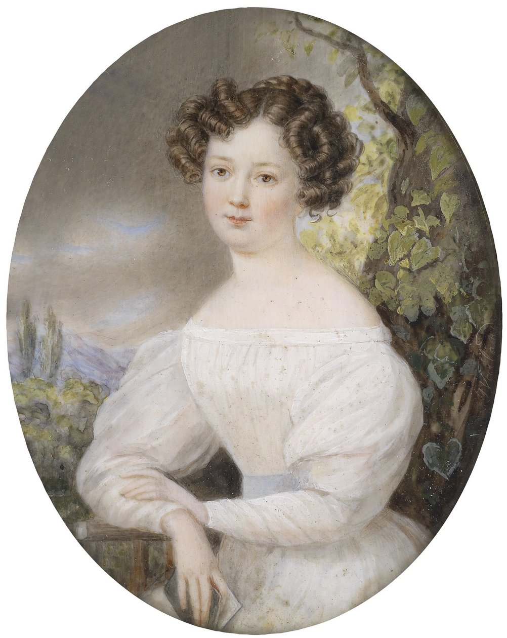 Bir manzarada oturan beyaz elbiseli genç bir kadının portresi by Friedrich Wailand