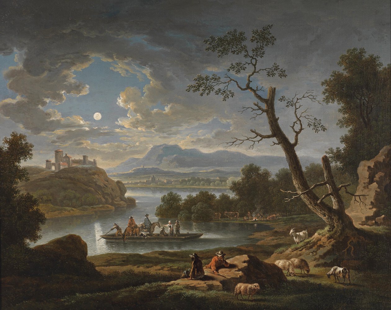 Ay ışığında bir nehir manzarası by Friedrich Wilhelm Hirt
