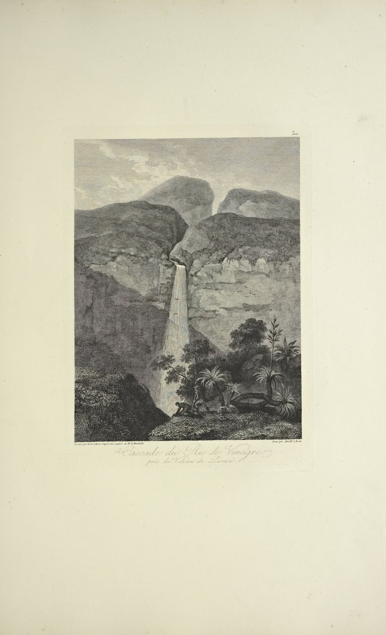Rio de Vinagre Şelaleleri, Purace Yanardağı yakınında, Koch tarafından çizilmiş, Arnold tarafından oyulmuş, Alexander von Humboldt ve Aime Bonpland tarafından 