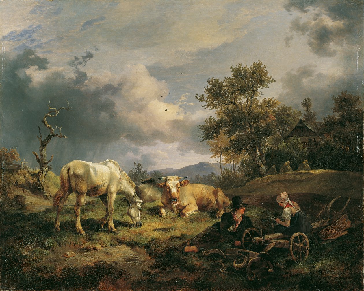 Tarlada oturan genç köylü çift by Friedrich August Mathias Gauermann