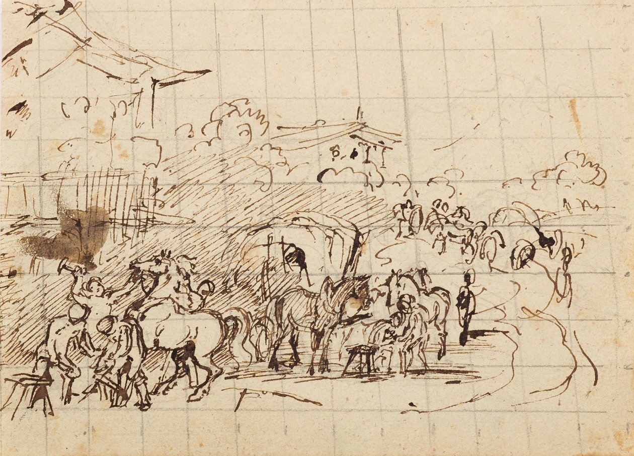 Bir demirhanenin önünde atlar by Friedrich August Mathias Gauermann