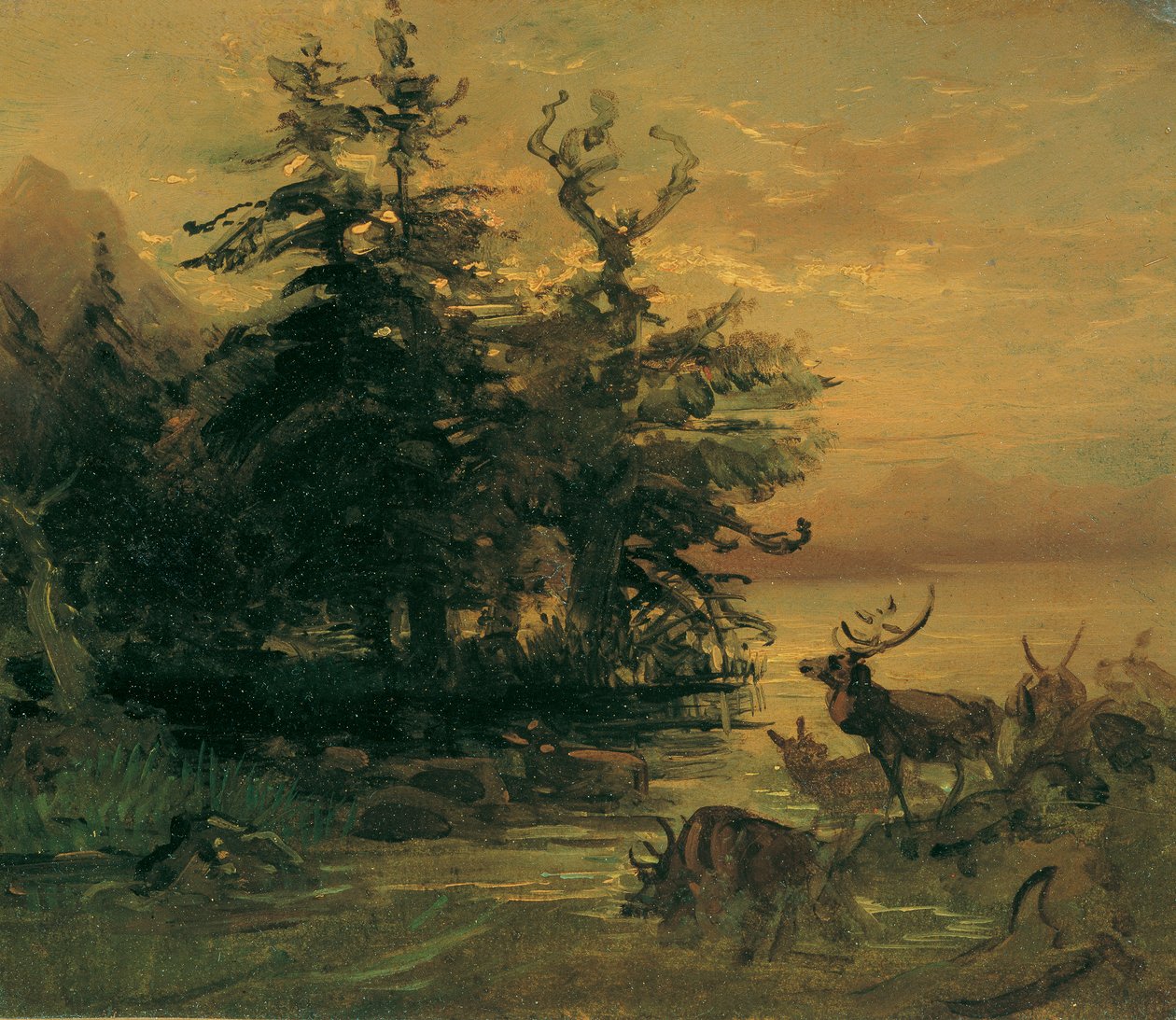 Bir dağ gölünün kıyısında yürüyen geyik by Friedrich August Mathias Gauermann