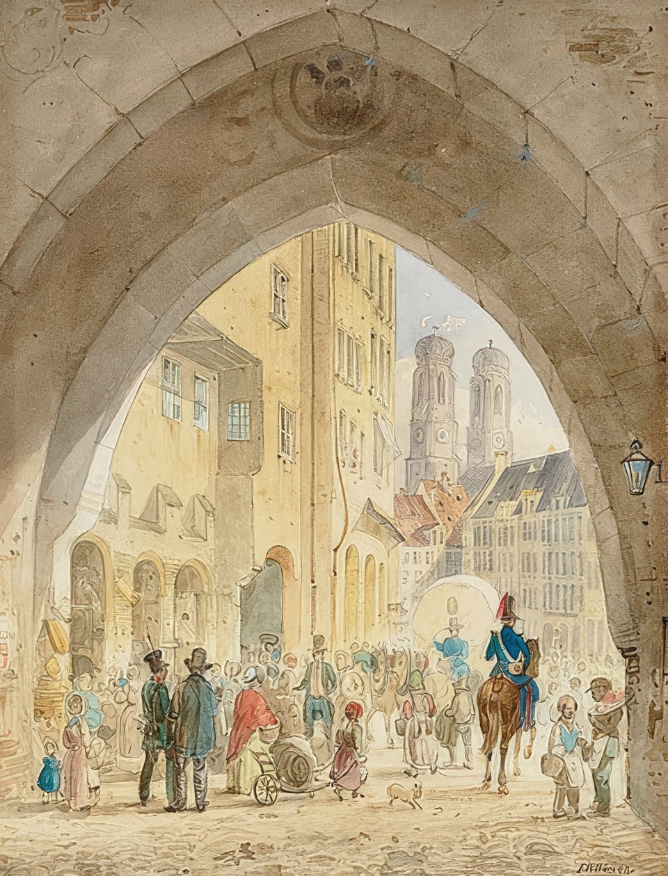 Münih - Eski belediye binasından Frauenkirche kulelerine bakış. 1849 by Friedrich Eibner