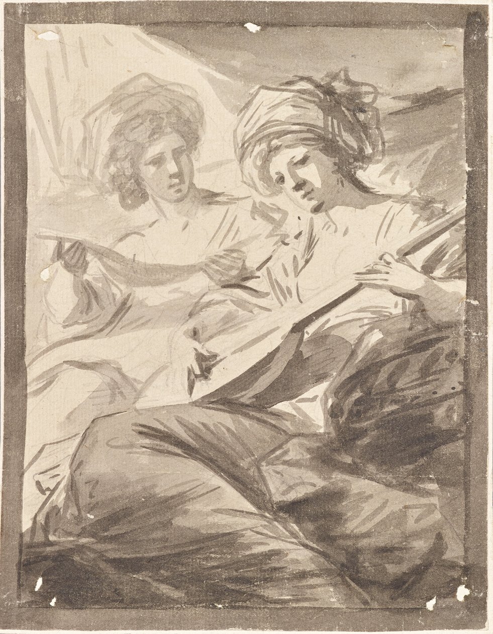 Mandolinli iki kadın (Victoire ve Sophie von Fries kız kardeşlerin çifte portresi için çalışma mı?) by Friedrich Heinrich Fuger