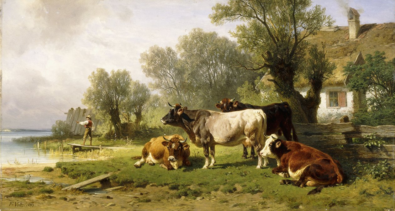 ötesinde bir Balıkçı ile bir Nehir boyunca bir Çiftlik bahçesinde Sığır, 1881 by Friedrich Johann Voltz