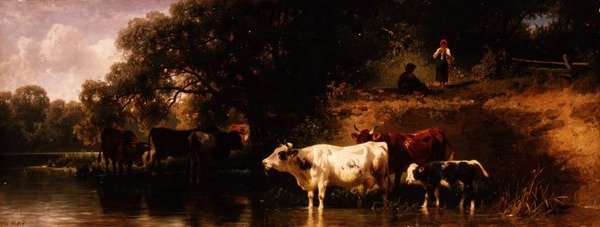Ormanlık bir manzarada sulanan sığır by Friedrich Johann Voltz