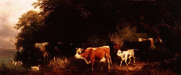 Sürücü ve sığır sulama ile ormanlık nehir manzarası by Friedrich Johann Voltz