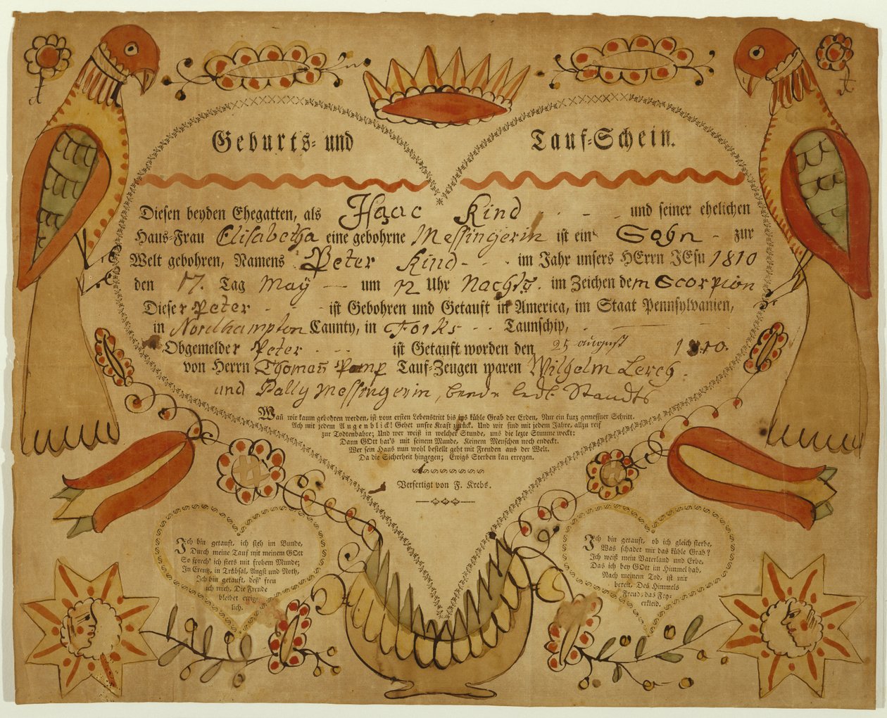 Doğum ve Vaftiz Belgesi, c. 1790-1800 (oxgall mürekkebi, sulu boya ve serilmiş kağıt üzerine gravür) by Friedrich Krebs