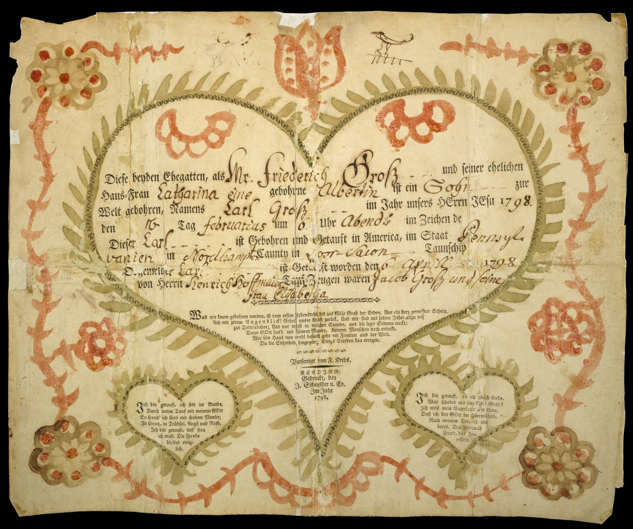 Doğum ve Vaftiz Belgesi, c. 1800 (oxgall mürekkebi, sulu boya ve kağıt üzerine gravür) by Friedrich Krebs