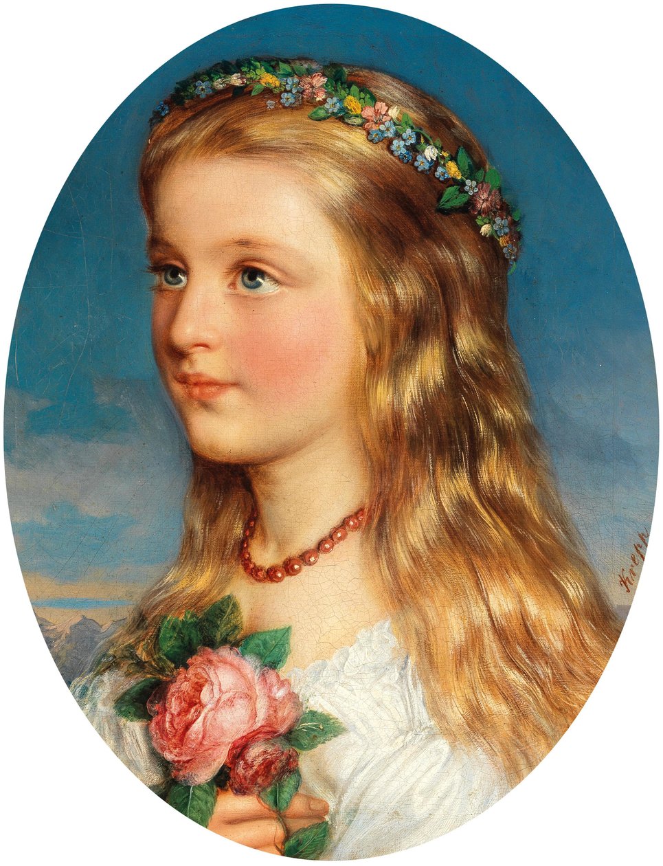 Friedrich Krepp Çiçek ve Gül Çelenkli Kız Portresi by Friedrich Krepp