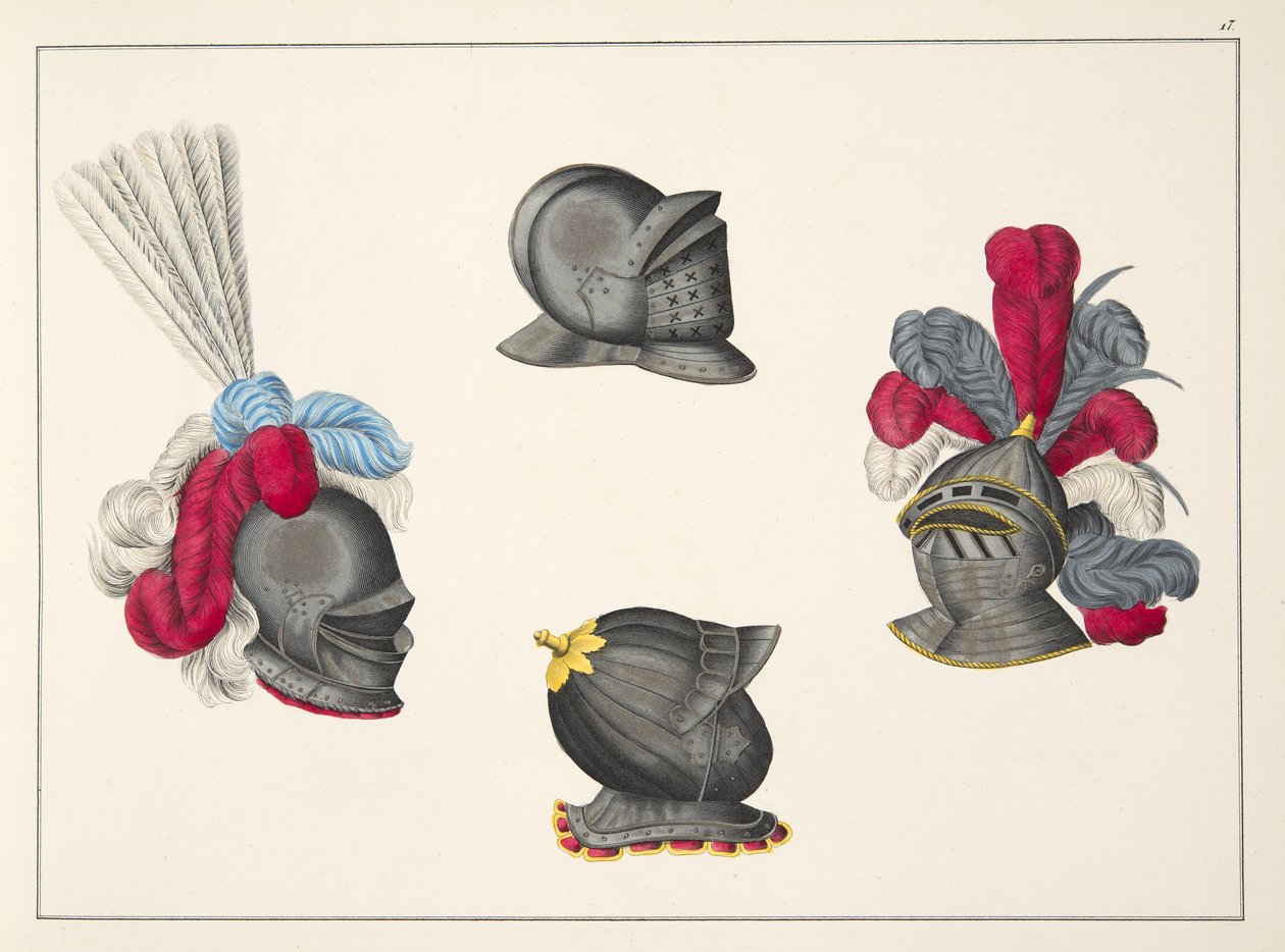 Miğferler, Dr. Franz Kottenkamp'ın 'A History of the Development and Customs of Chivalry'den bir levha, Carl Hoffmann tarafından yayınlanmış, 1842 by Friedrich Martin von Reibisch