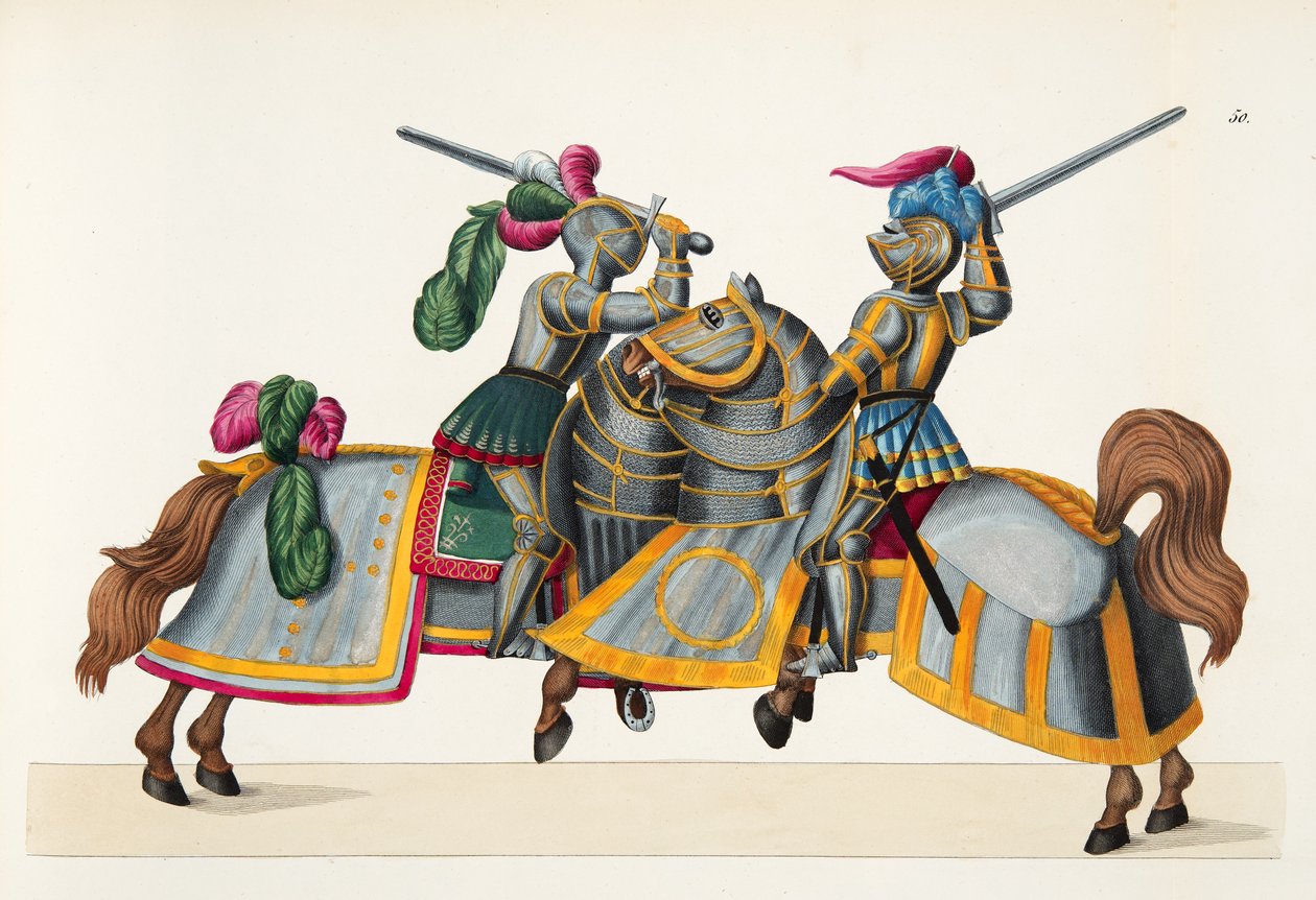Bir turnuvada iki şövalye, Dr. Franz Kottenkamp'ın 'A History of the Development and Customs of Chivalry'den bir levha, Carl Hoffmann tarafından yayınlandı, 1842 by Friedrich Martin von Reibisch
