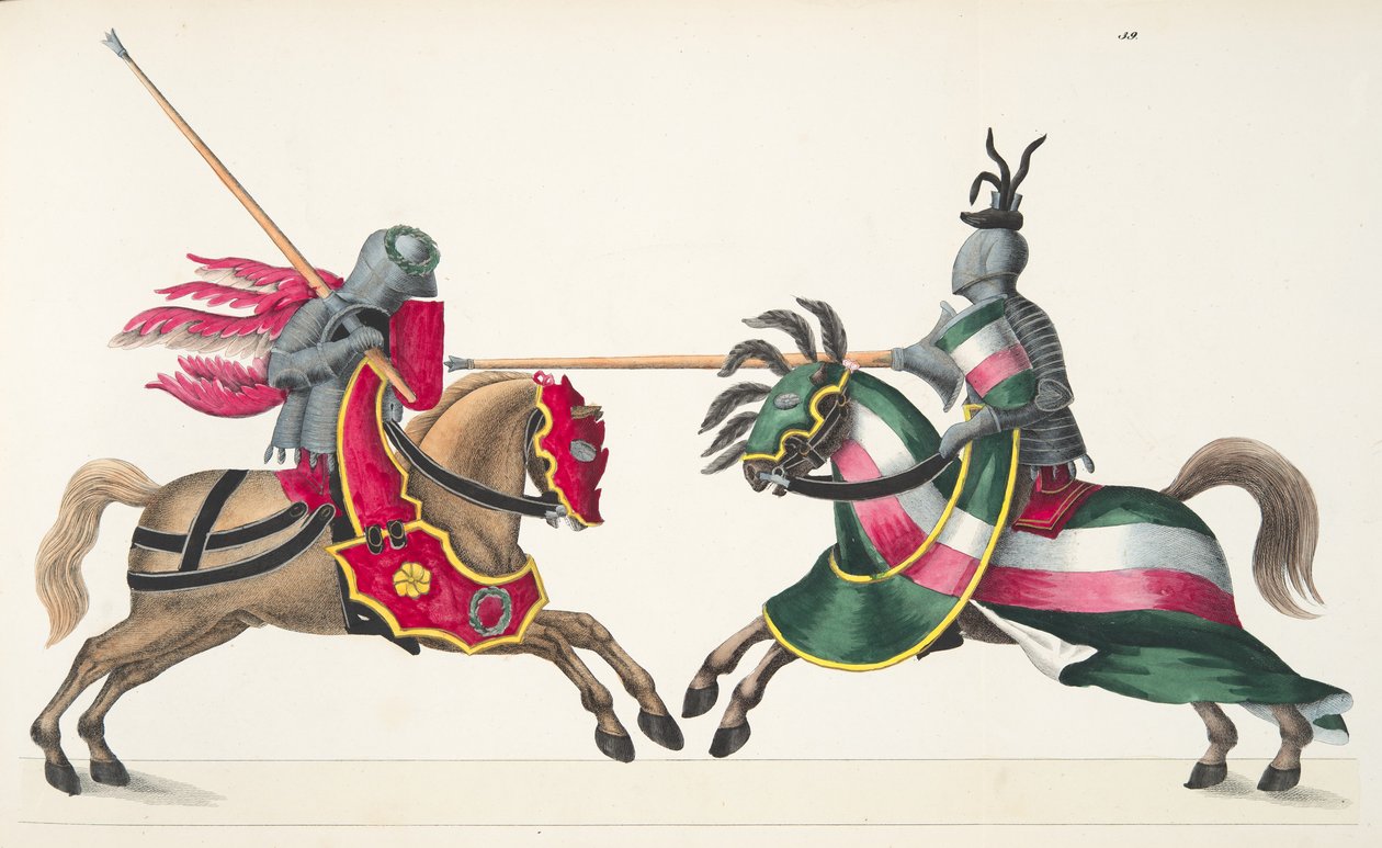 Bir turnuvada iki şövalye, Dr. Franz Kottenkamp'ın 'A History of the Development and Customs of Chivalry'den bir levha, Carl Hoffmann tarafından yayınlandı, 1842 by Friedrich Martin von Reibisch