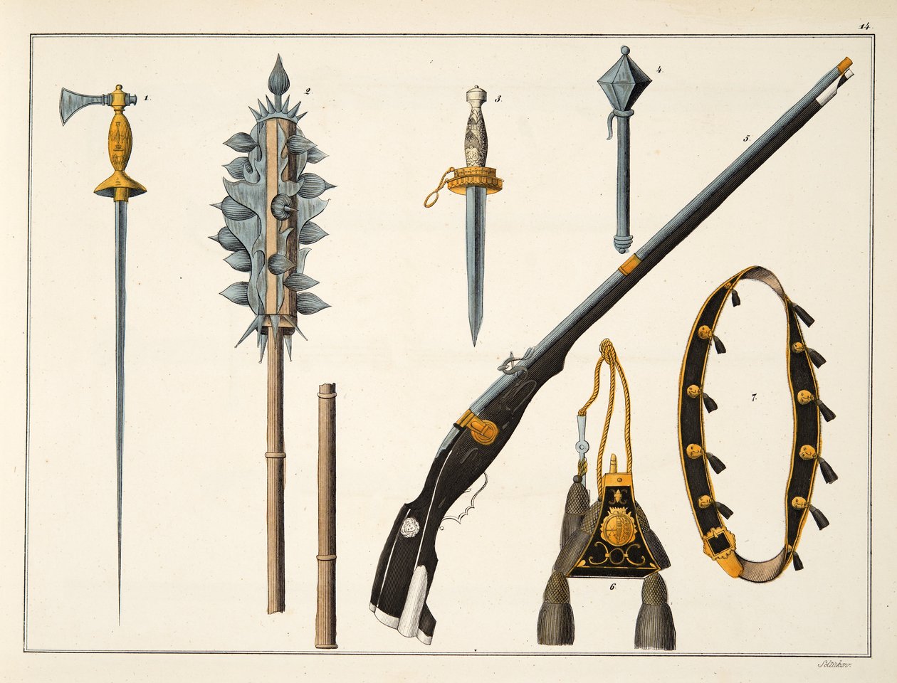 Tüfek içeren silahlar, c.1400, Dr. Franz Kottenkamp'ın 'A History of the Development and Customs of Chivalry'den bir levha, Carl Hoffmann tarafından yayınlandı, 1842 by Friedrich Martin von Reibisch