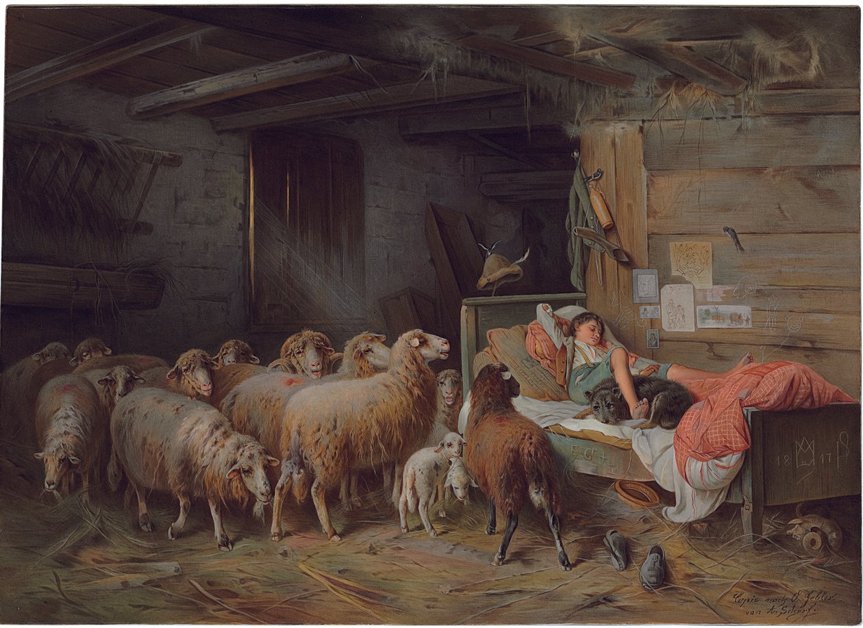 19. yüzyılın sonlarında - 20. yüzyılın başlarında, yanında başıboş bir sürü, köpeğiyle uyuyan bir çobanı gösteren plaket by Friedrich Otto Gebler