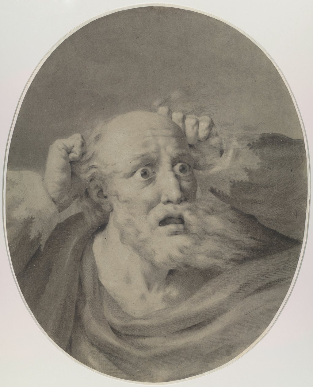 Sakallı yaşlı adam saçlarını karıştırıyor. by Friedrich Rehberg