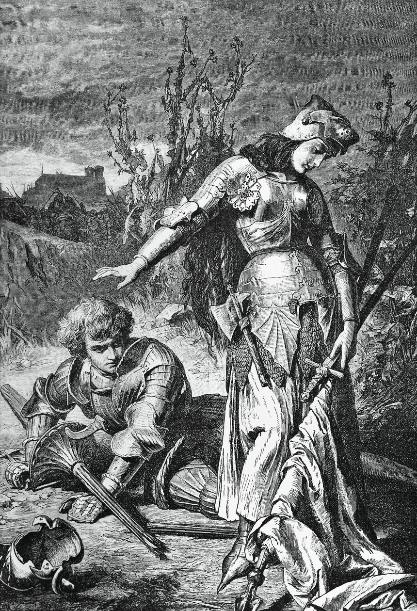 Joan of Arc ve Lionel arasındaki düello, Maid of Orleans için illüstrasyon, Friedrich Schiller'in (1759-1805) trajedisi, gravür by Friedrich Schiller