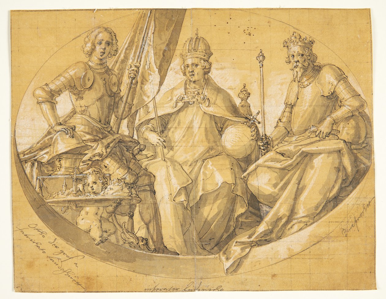 Büyük Otto (912-973), Zengin Louis (1417-1479) ve Ruprecht (1352-1410) krallarını betimleyen oval bir tavan resminin taslağı (?) by Friedrich Sustris