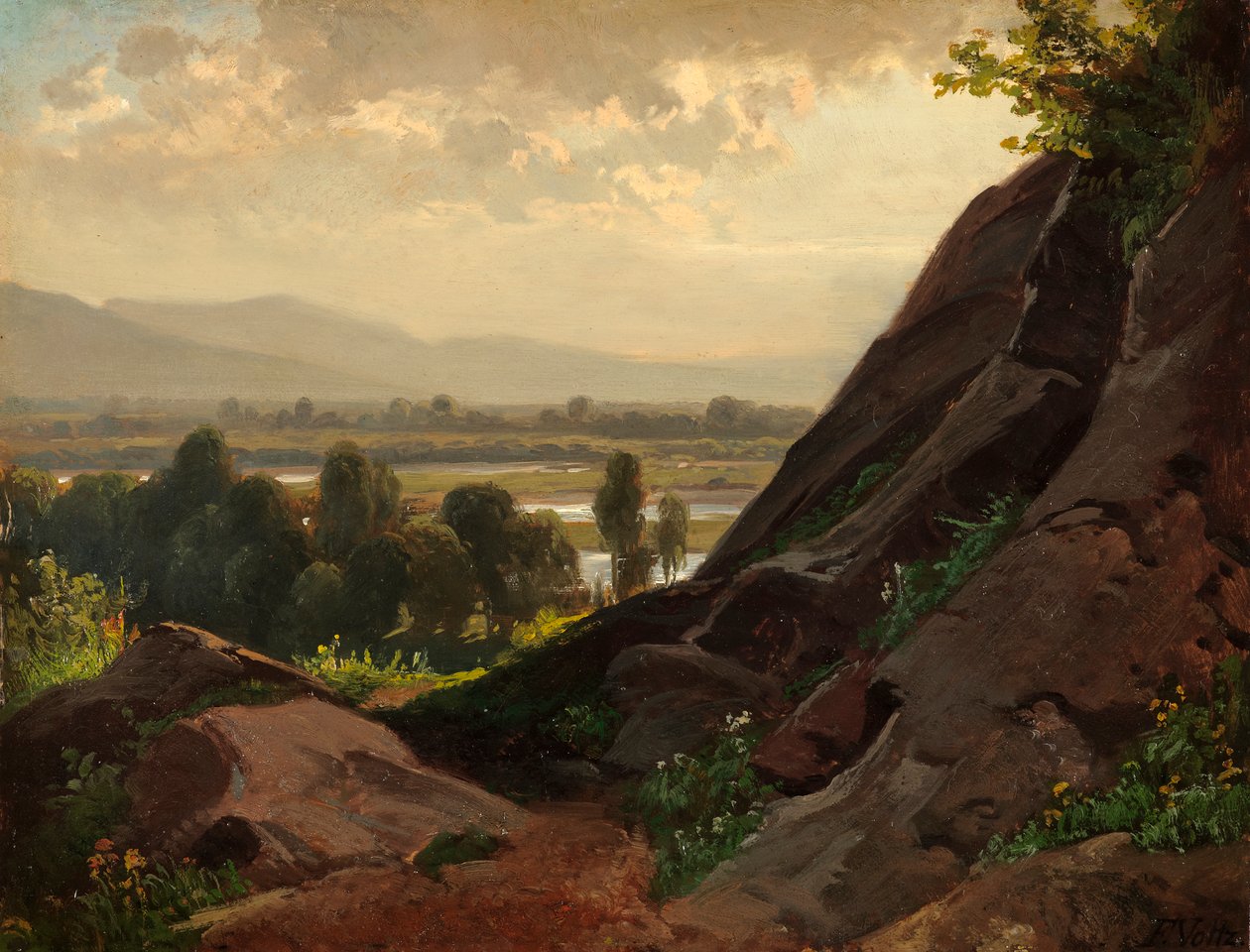 Ön planda kayalık bir çıkıntı ile dağ manzarası by Friedrich Voltz
