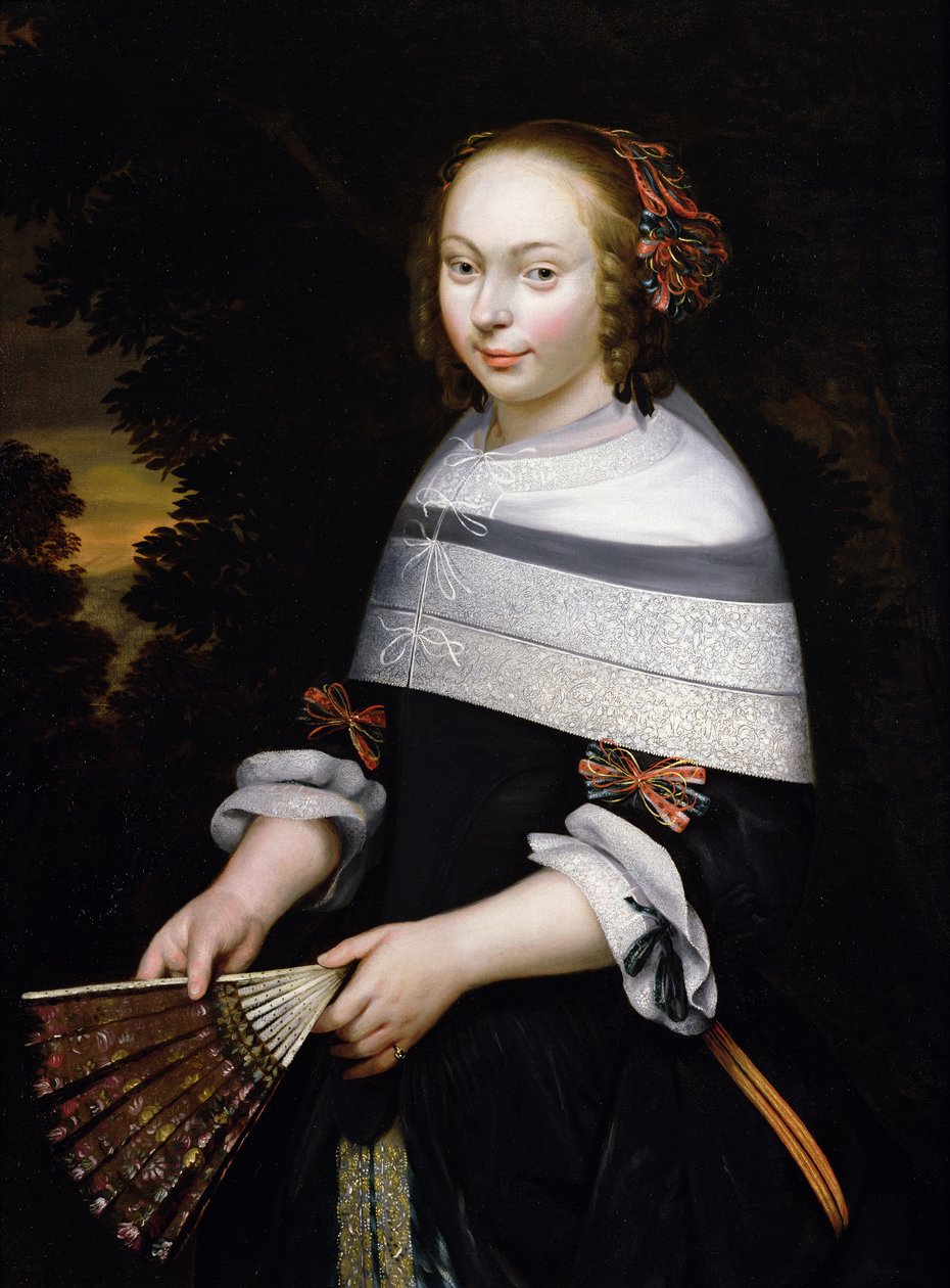 Bir yelpaze tutan genç bir kızın portresi, ötesinde bir manzara, c.1650 by Friesian School