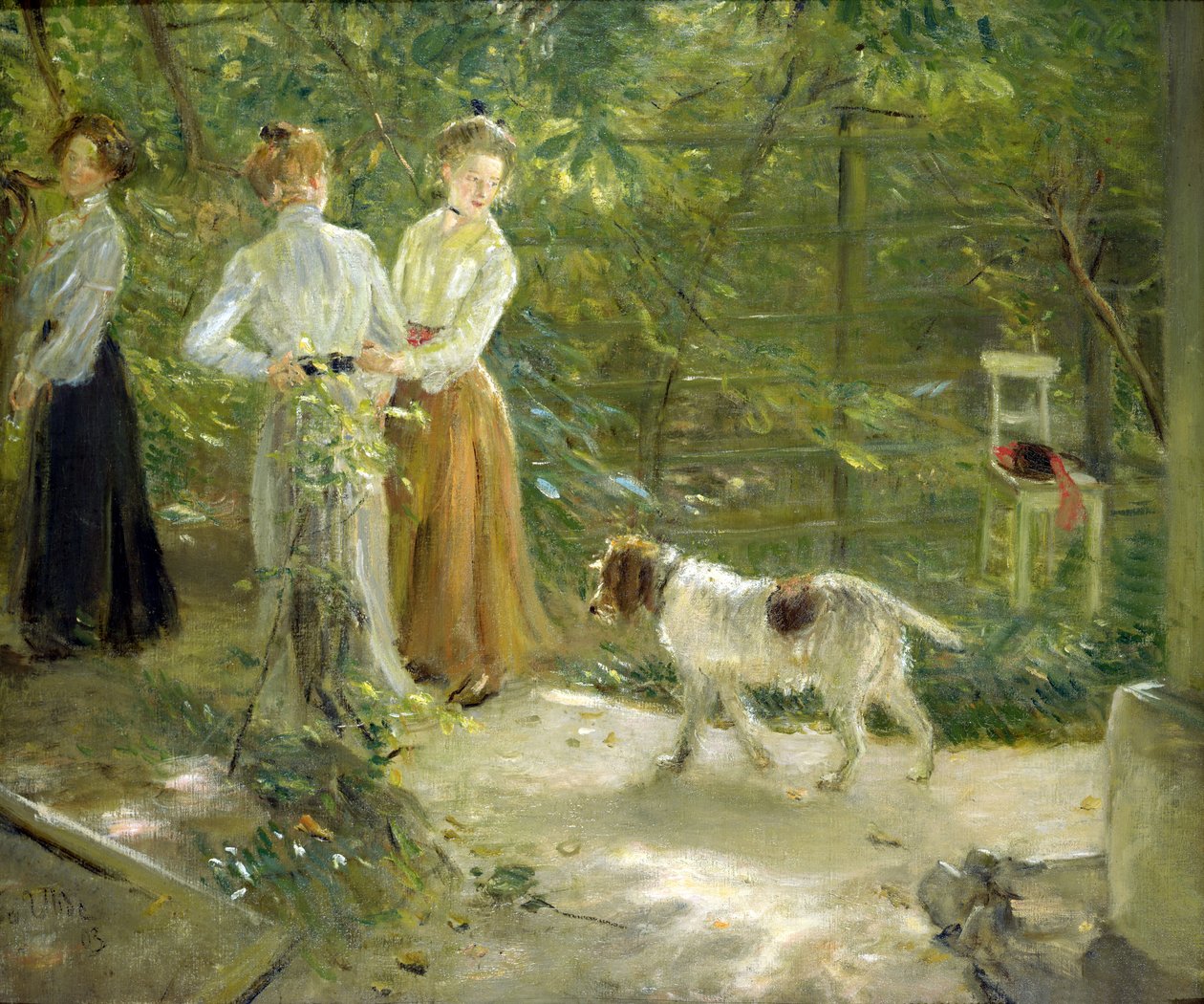 Kızlarıyla birlikte sanatçının bahçesinden görüntü, 1903 by Fritz von Uhde
