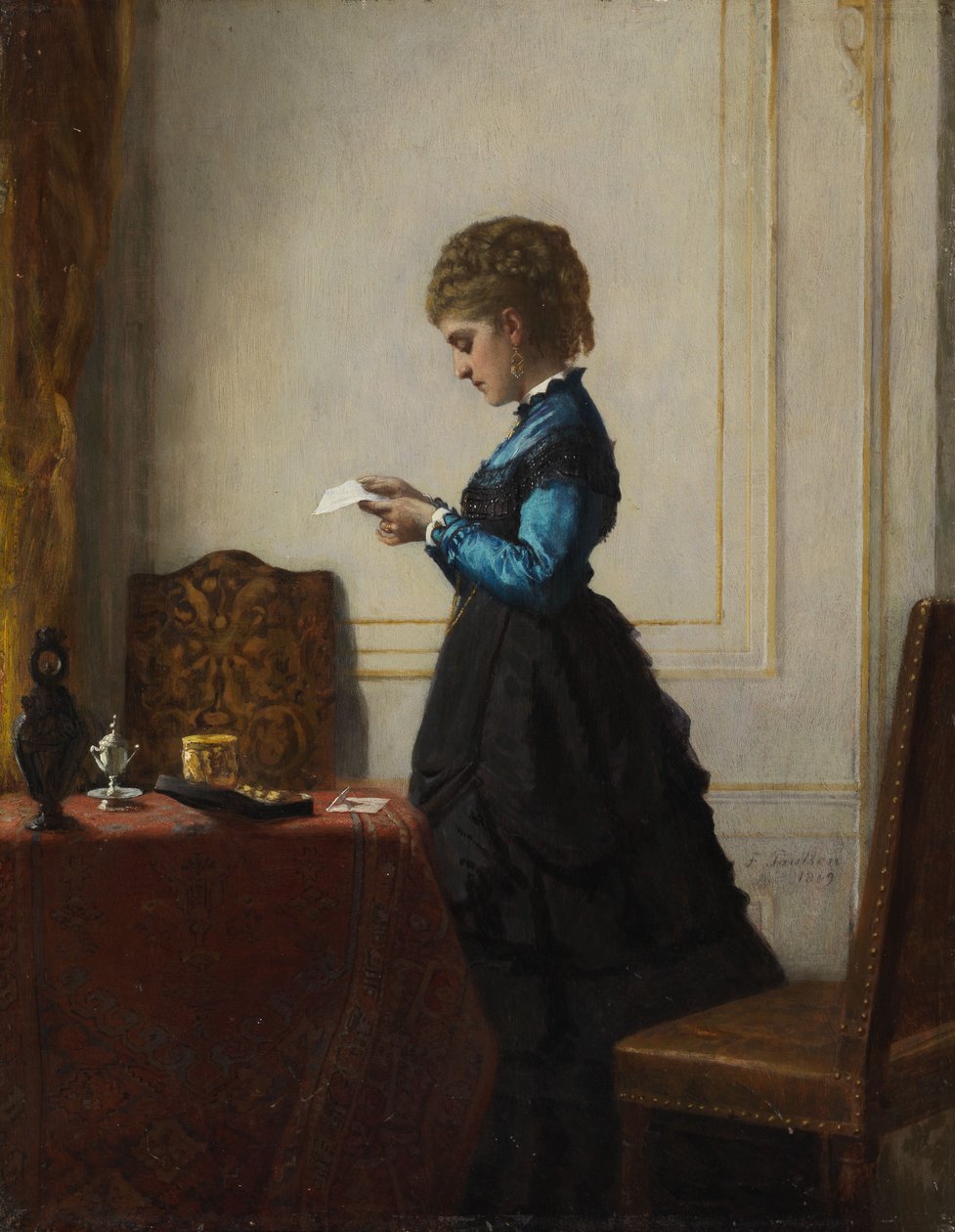 Pencerenin önünde mektup okuyan genç bir kadın. by Fritz Paulsen