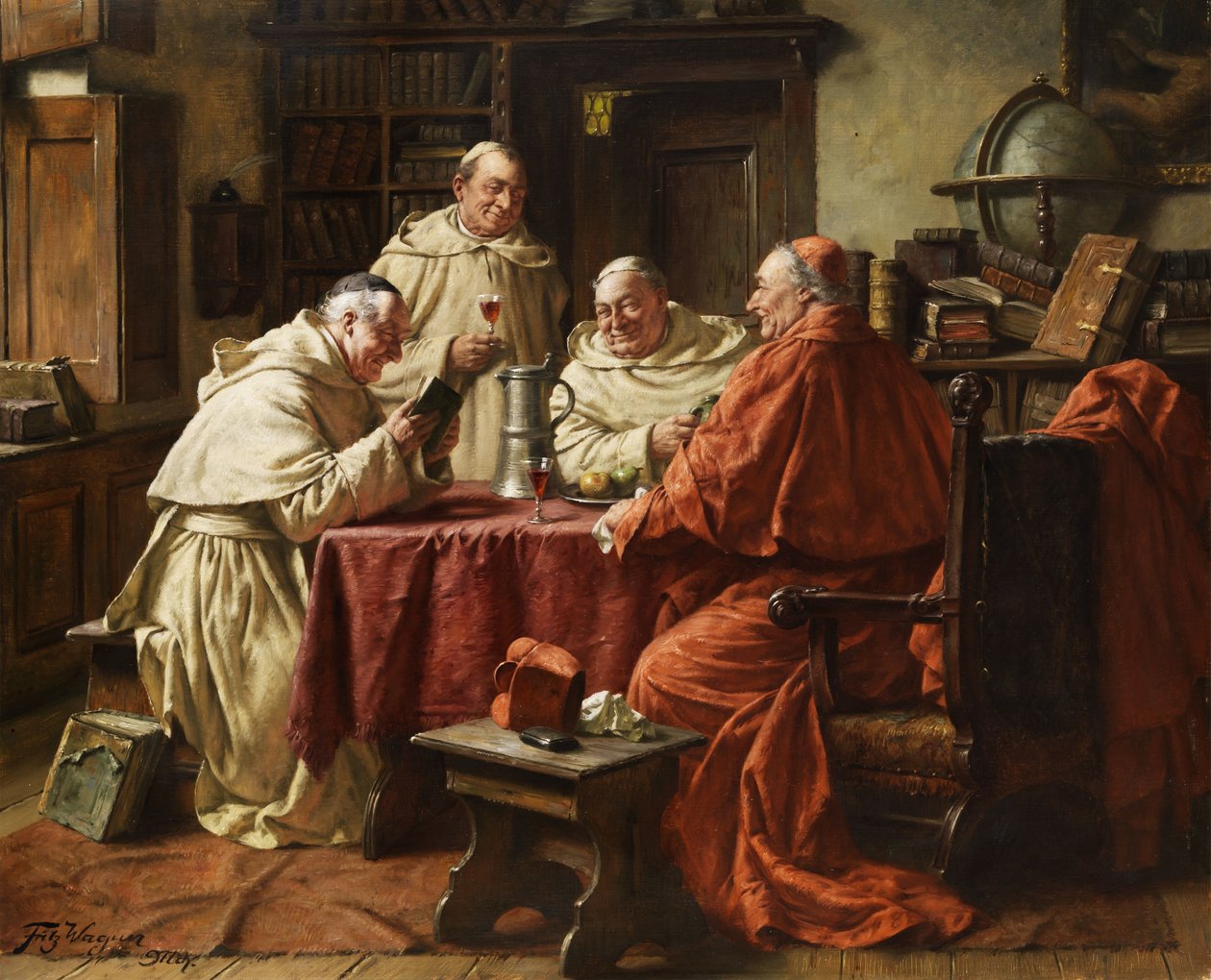 Bir manastır kütüphanesinde keşişlerle kardinal. by Fritz Wagner
