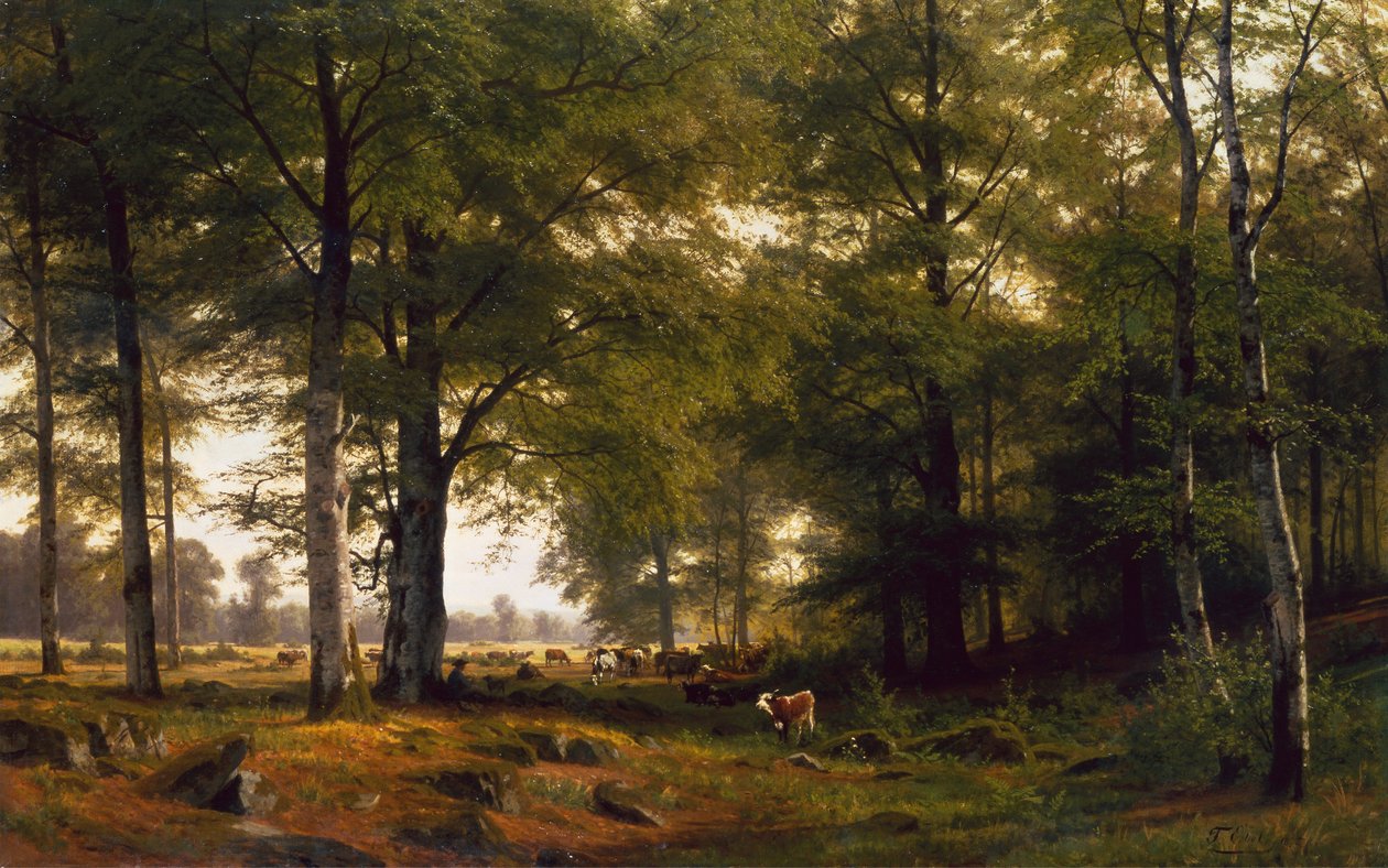 Bir İnek Çobanı ile Ormanlık Bir Peyzaj by Fritz Carl Werner Ebel