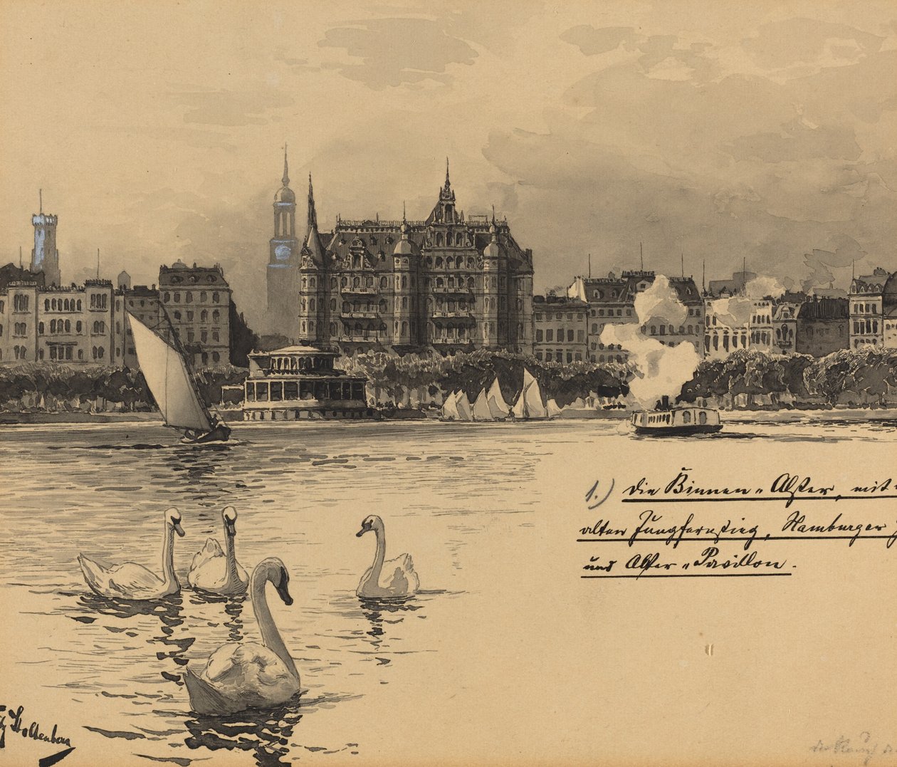 Jungfernstieg ile Binnenalster by Fritz Stoltenberg