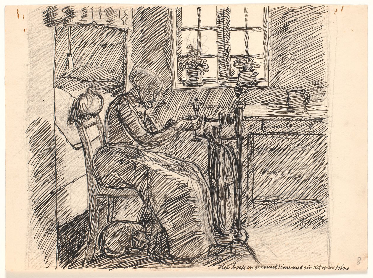 Burada kedisi ve tavuğuyla yaşlı bir eş yaşardı. by Fritz Syberg