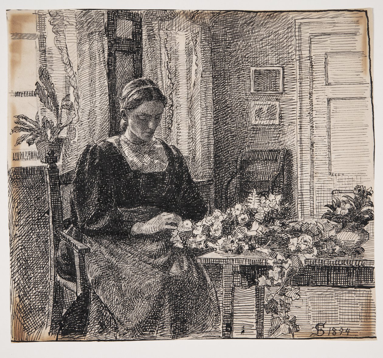 Karım (Bayan Anna Syberg) bir çelenk bağladı by Fritz Syberg