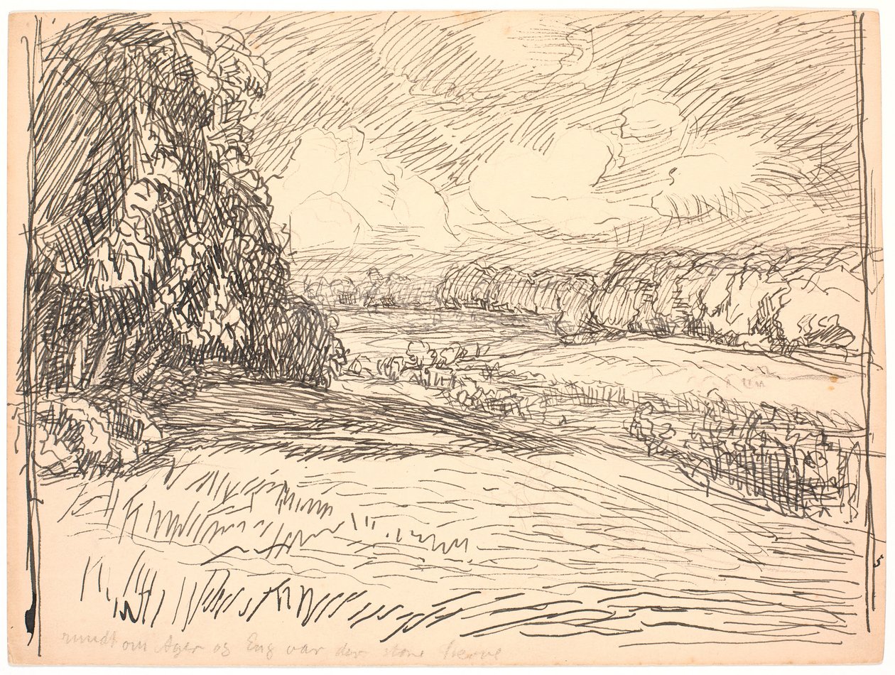 Tarlaların ve çayırların çevresinde büyük ormanlar vardı. by Fritz Syberg