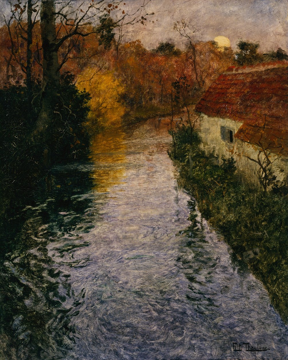 Sonbaharda Kulübeli Bir Nehir manzarası (tuval üzerine yağlı boya) by Fritz Thaulow