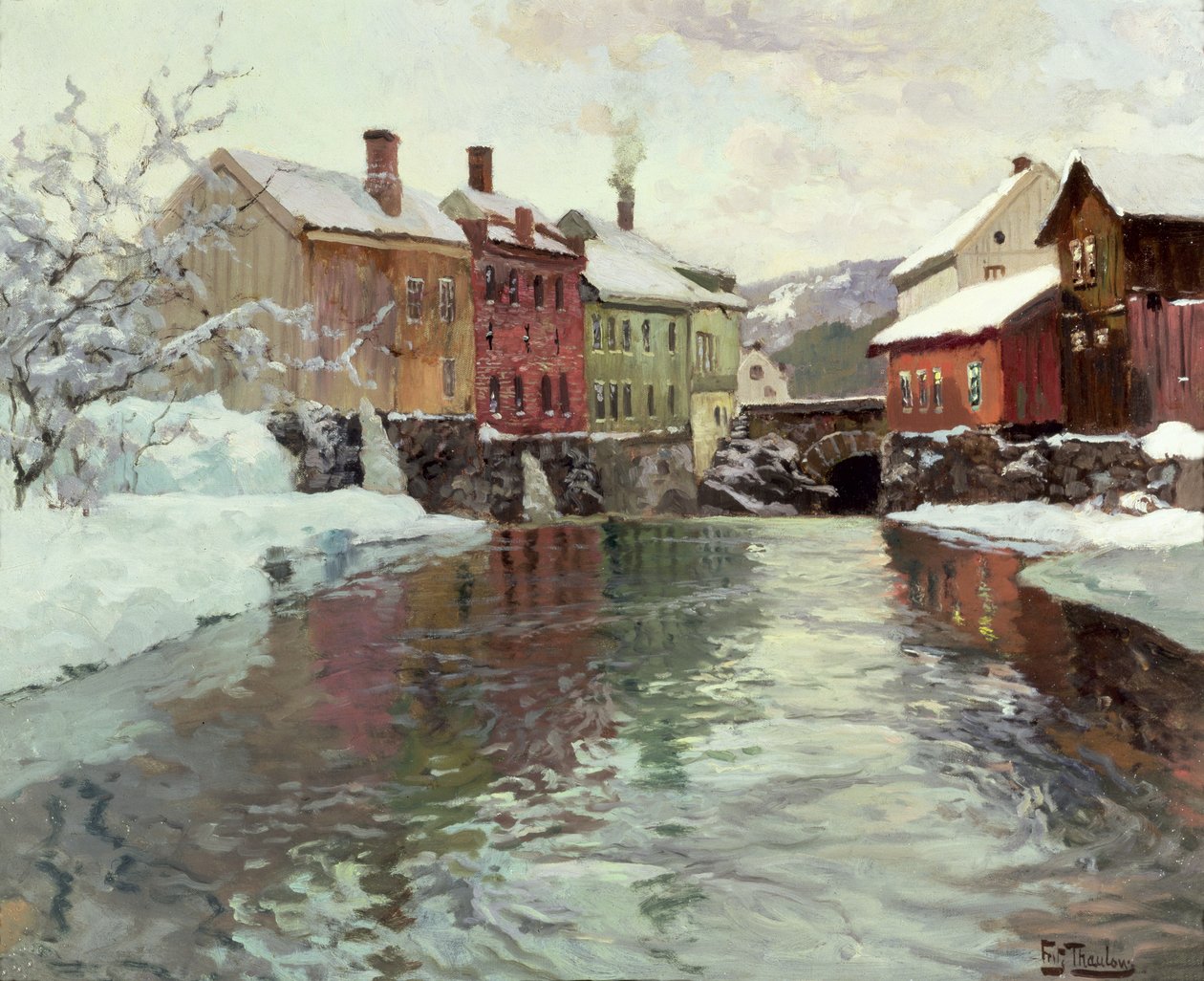 Bir nehir tarafından karla kaplı binalar by Frits Thaulow