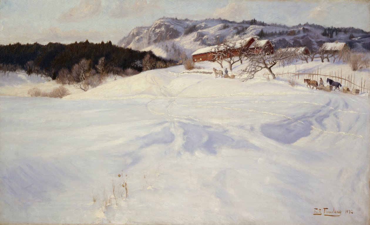 Kızak, Fleskum ile kar sahnesi by Fritz Thaulow