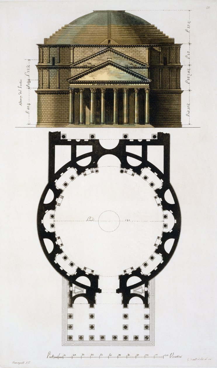Yer planı ve Pantheon cephesi, Roma, Jules Ferrario tarafından Le Costume Ancien et Moderne